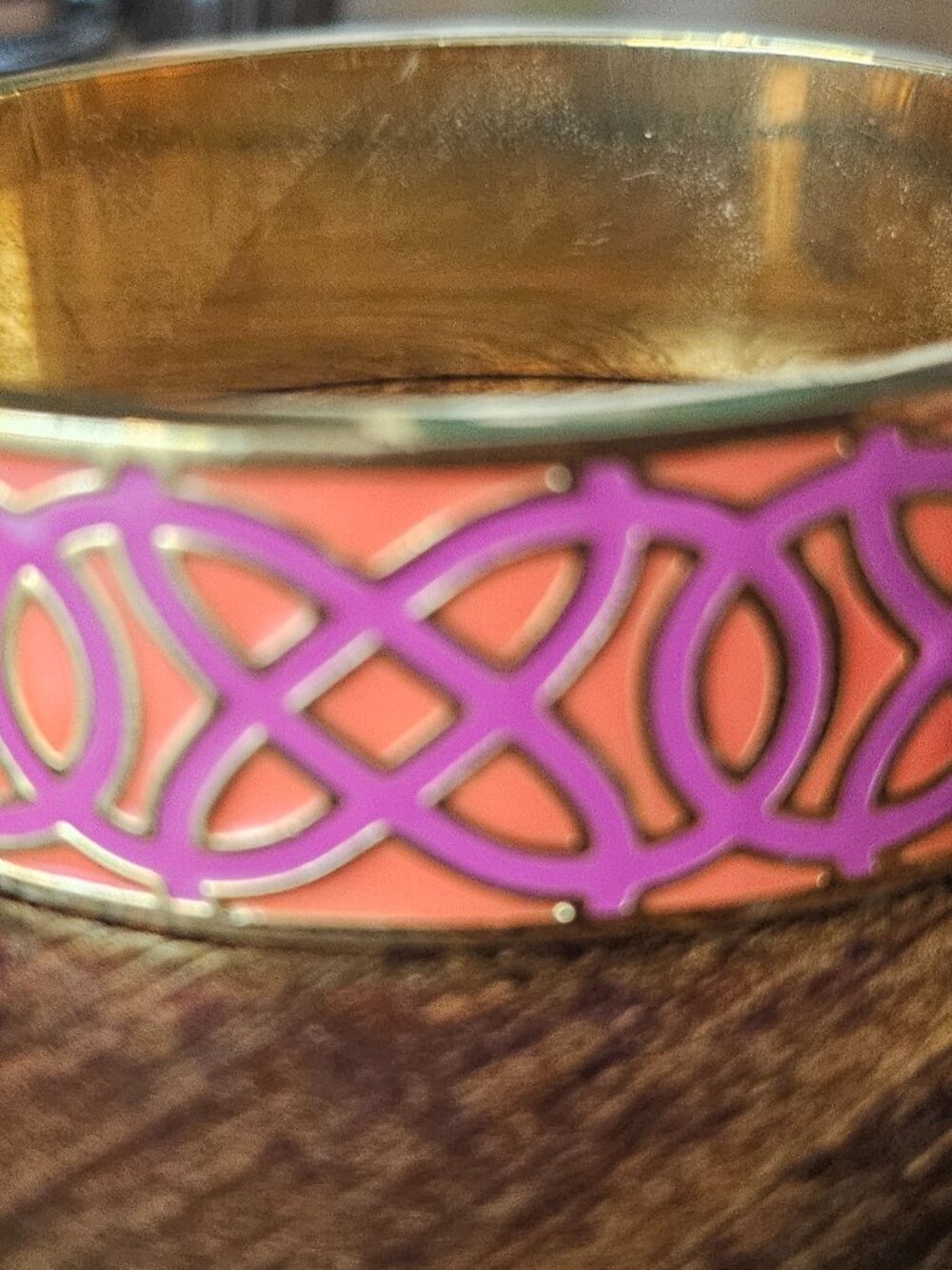Orange & Purple Enamel Cuff Bracelet – Silver-Tone Geometric Design